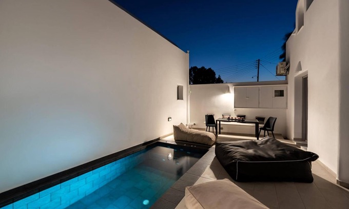 Perissa Villa | Dazzling Santorini Villa | Villa Luck | 2 Bedrooms | Furnished Sun Terrace with.
